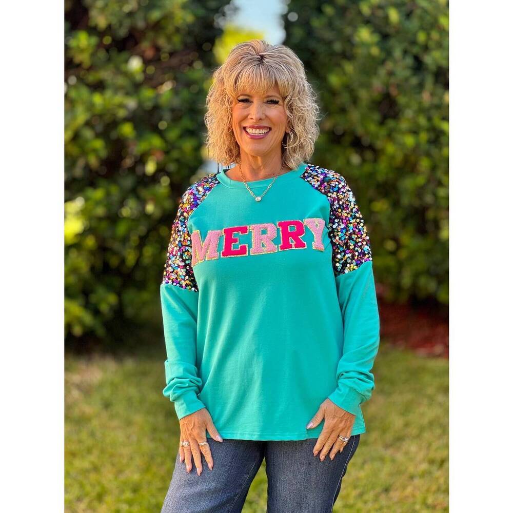 NEW SOUTHERN GRACE holiday sweatshirts in merry sequin sleeve